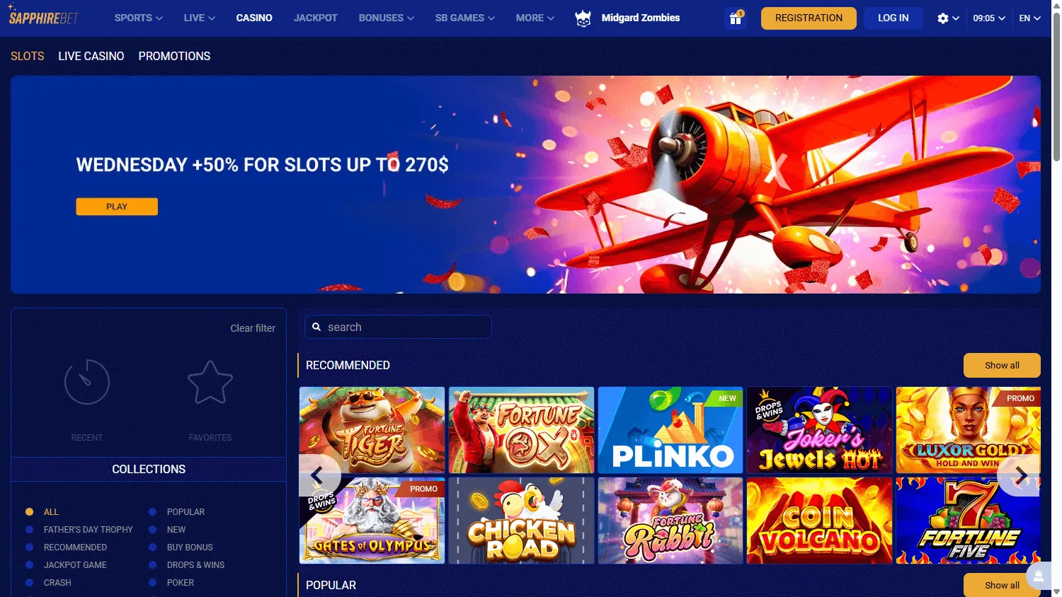 Sapphire Casino desktop games area with casino categories and game selection