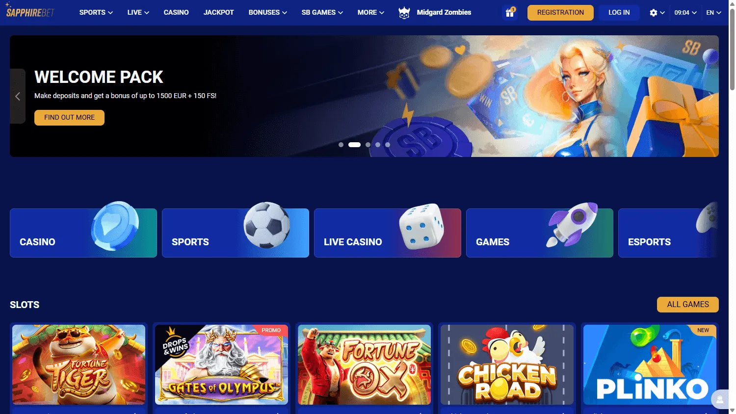 Sapphire Casino desktop home screen with casino, betting, promotions and account areas