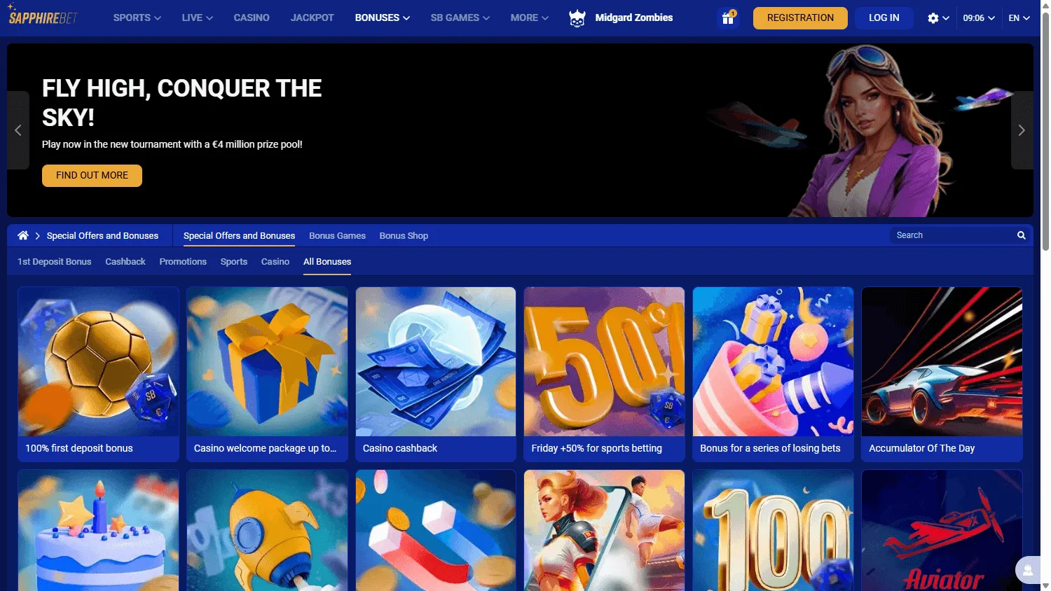 Sapphire Casino desktop promotions area with welcome and free spin offers